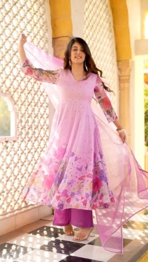 Faux Georgette Light Pink Gown Plazzo With Dupatta